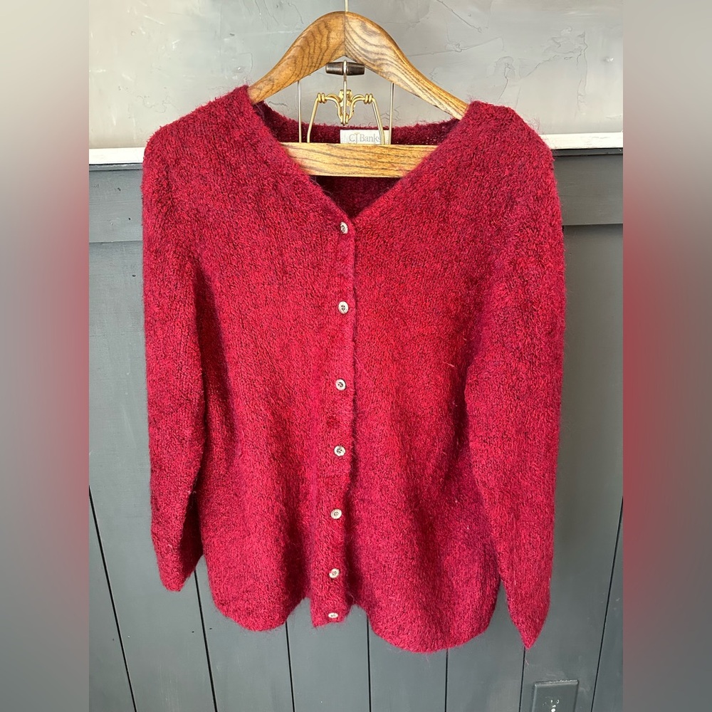 CJ Banks Fuzzy Soft Mohair Blend Deep Red Button Front Cardigan Sweater 1X